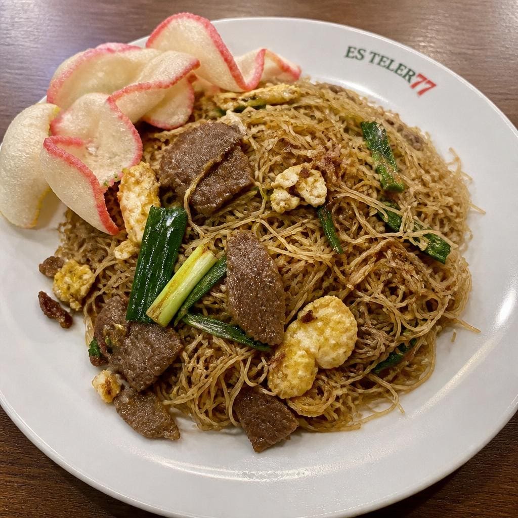 Bihun Goreng Daging Es Teler 77 dengan daging sapi dan telur orak-arik